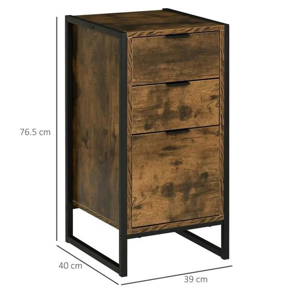 Industrial 3-drawer dresser, rustic brown finish, black metal frame and legs.