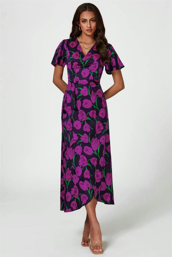 FS Collection Floral Print Satin Wrap Maxi Dress In Magenta
