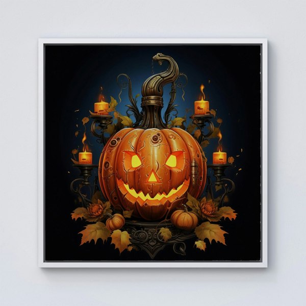 Warren Reed Spooky Pumpkin With Leaves And Small Candles Framed Canvas