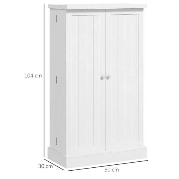 White freestanding kitchen cupboard with double doors and shown side dimensions