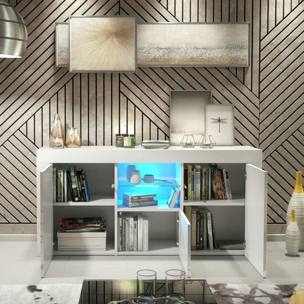 Mex Furniture Modern TV Unit Cabinet 145cm Stand & with White Gloss Doors & Free LED