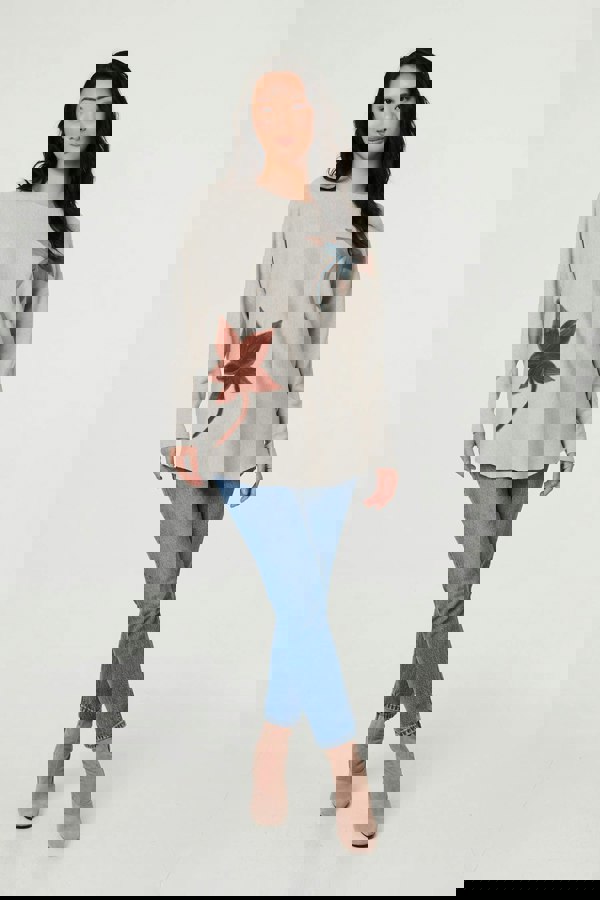 Grey | Leaf Print Batwing Sleeve Relaxed Top
