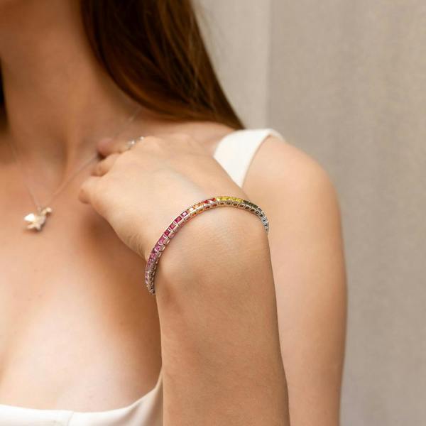 Spero London Sterling Silver Square Rectangular Rainbow Tennis Bracelet