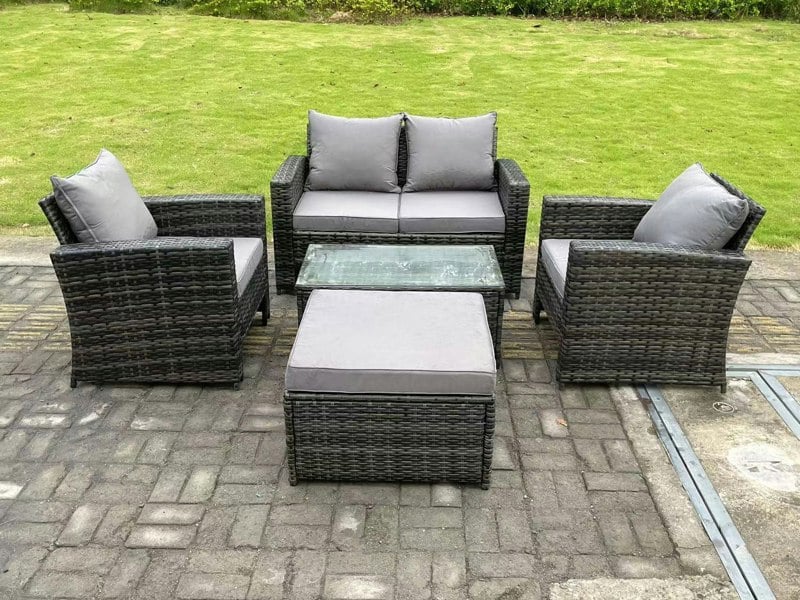 Fimous 5 Seater Dark Grey Mixed High Back Rattan Sofa Set Rectangular Coffee Table Garden Furniture Outdoor Patio
