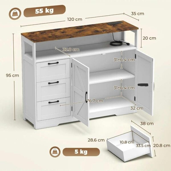 Sideboard Cabinet with Power Outlet, Farmhouse Kitchen Cabinet with 3 Drawers and Open Shelf, White