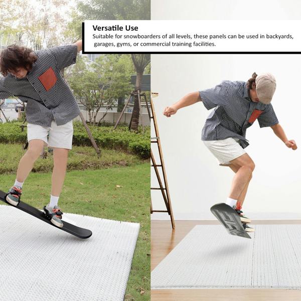 Split image showing a skier practicing balance and tricks on a white ski training mat outdoors on grass and indoors on a floor, highlighting versatile use in different environments.