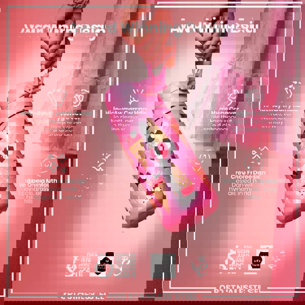 A pink, ice cream-patterned water bottle is held by a hand. Features include a hide-away handle, hygiene cover, and wide mouth. The bottle is an award-winning design.