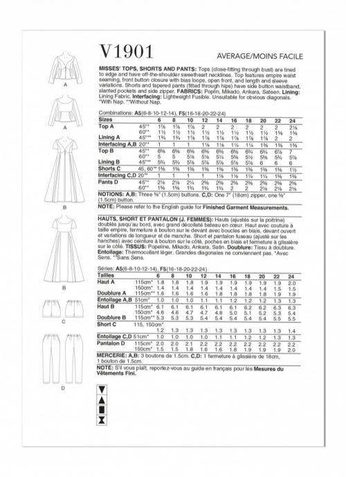 Vogue Sewing Pattern 1901, Tops, Shorts, Trousers for Women, A5 (6-8-10-12-14) - Intermediate