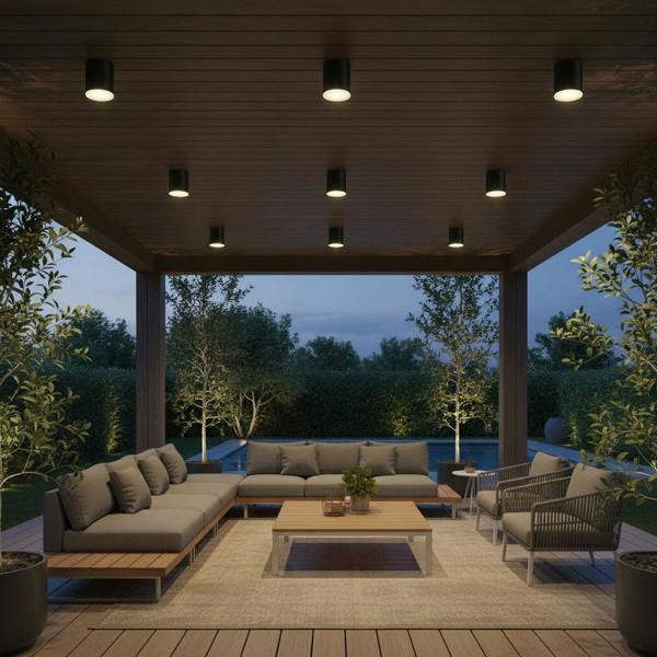 black surface mounted exterior downlight mounted outside over and entertaining area