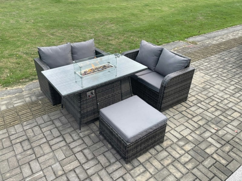 Fimous Rattan Garden Furniture Set with Gas Fire Pit Table Footstool 4 Pieces Outdoor Loveseat Sofa Set Dark Grey Mixed