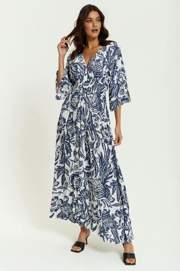 Hoxton Gal Oversized V Neck Detailed Floral Print Maxi Dress in Navy and White
