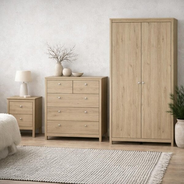 Wyld Haus Gossmere Bedroom Set Hickory Oak Effect Bedside Table + Chest of Drawers + Wardrobe
