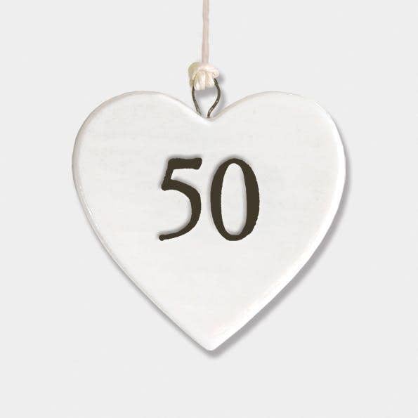 Mini Porcelain Hanging Heart – “50” Birthday Keepsake Elegant Milestone Gift