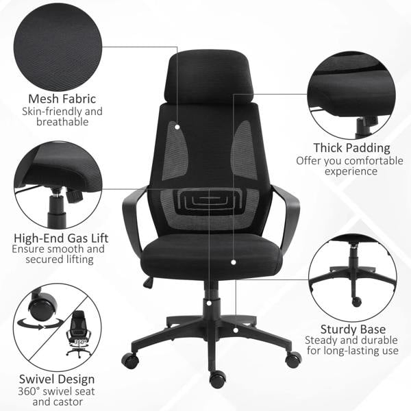 Black office chair with breathable mesh back, thick padding, and swivel caster base