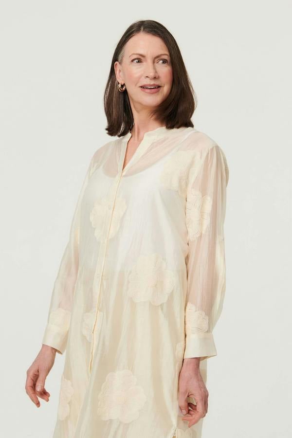 White | Floral Long Sleeve Longline Shirt
