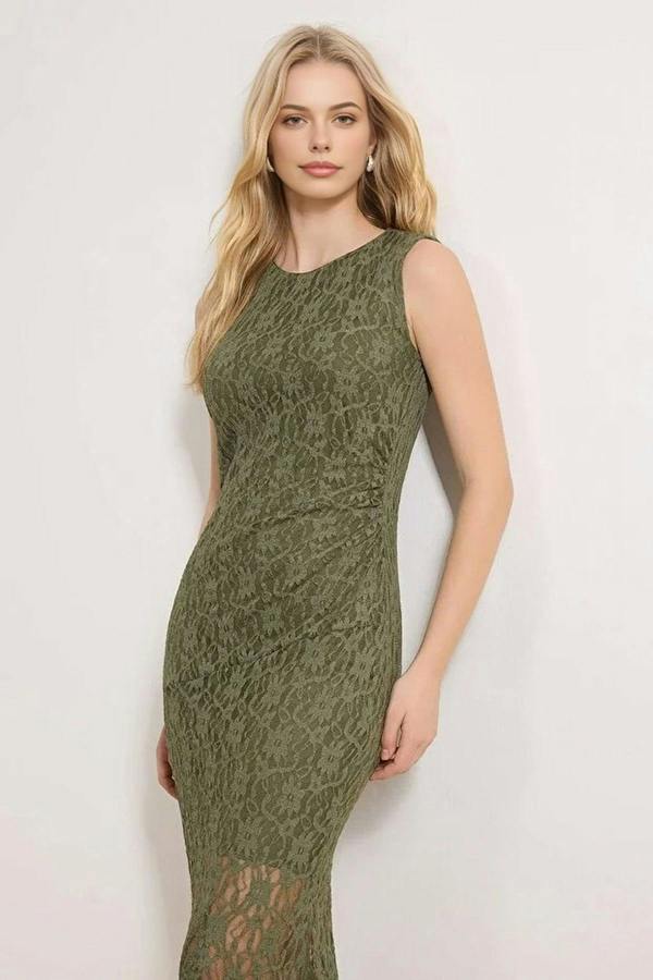 WOVCOR Plain A-line Crew Neck Sleeveless Maxi Dress with Lace Lining
