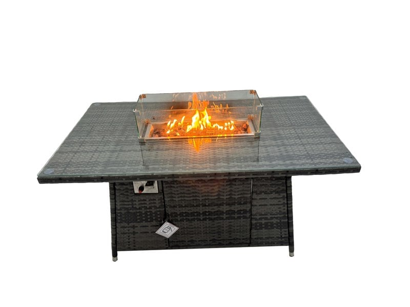 Fimous Outdoor Furniture Garden Dining Set Rattan Corner Sofa Set Gas Fire Pit Table with Temper Glass 2 Big Footstools Dark Grey Mixed