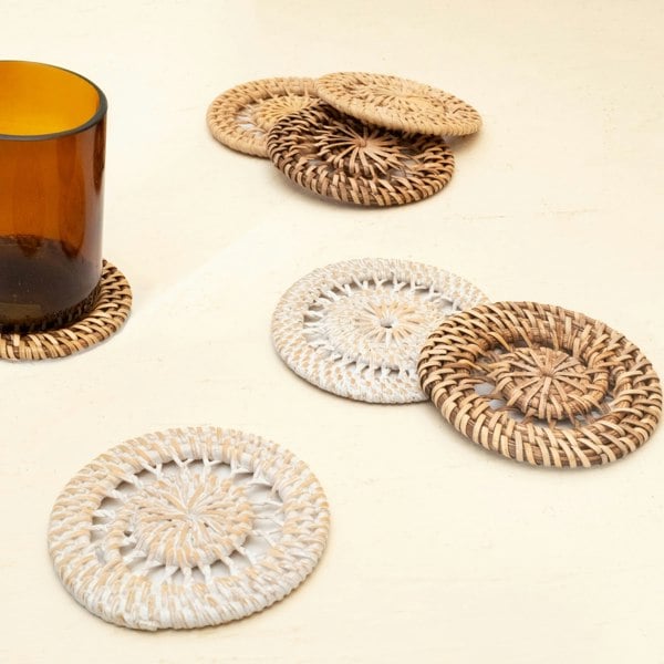 Dark brown rattan spiral coaster 10cm handwoven wicker table mat
