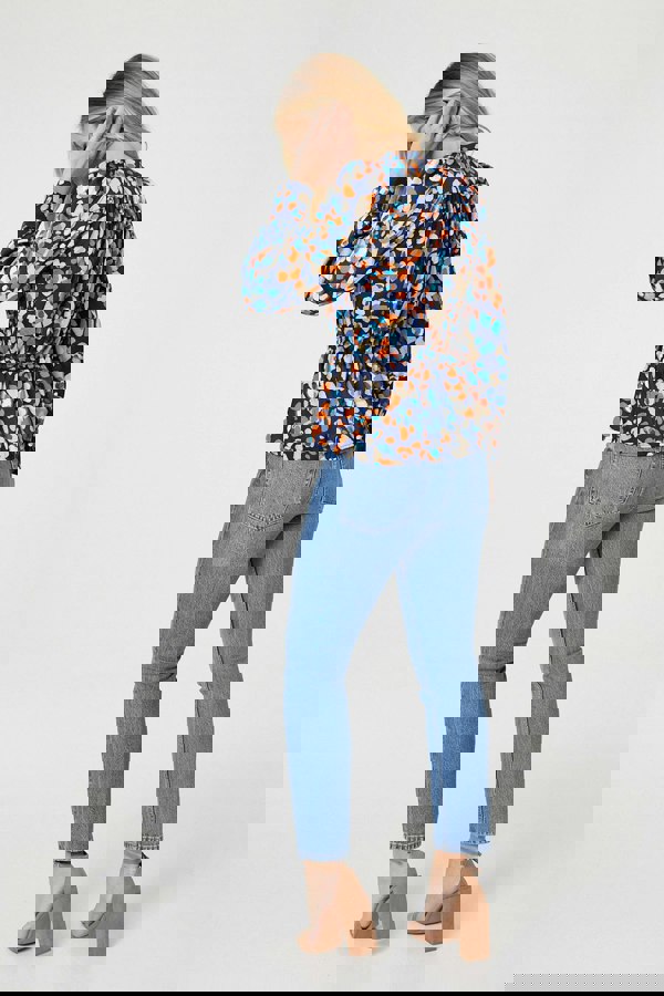 Navy | Printed Long Sleeve Peplum Blouse