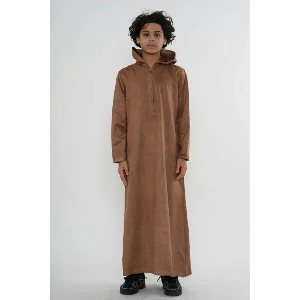 HM12 - Boy's Hooded Suede Emirati Omani Zipped Thobe - Camel - Thobez - 11