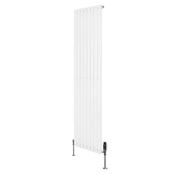 Oval single column radiator in white, 1800mm x 480mm, featuring sleek vertical lines and modern valves for efficient heating