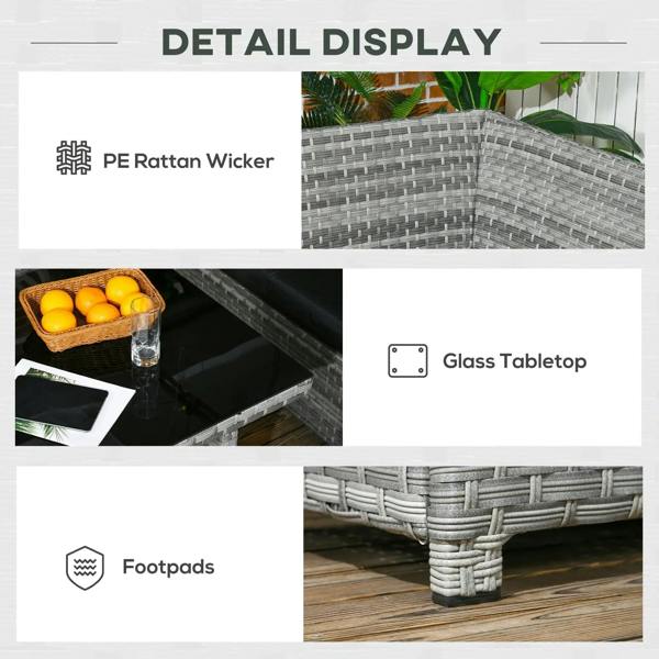 Patio set detail panel showing PE rattan wicker, glass tabletop, and footpads