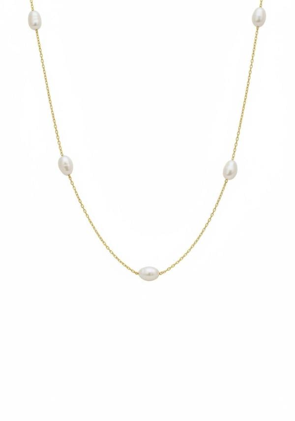 Gold necklace with pearls on a white background
