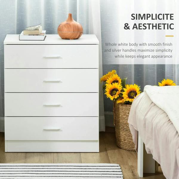 White four-drawer cabinet with smooth finish and bar pulls, styled with flowers.