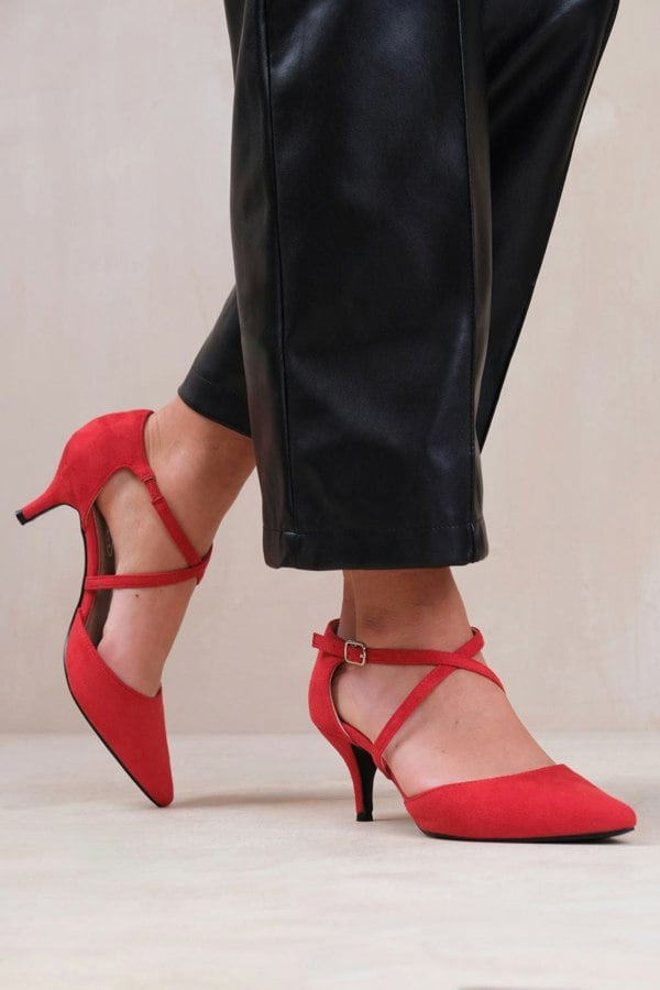 Where's That From Kennedi Low Kitten Heel With Crossover Strap in Rouge Red Suede