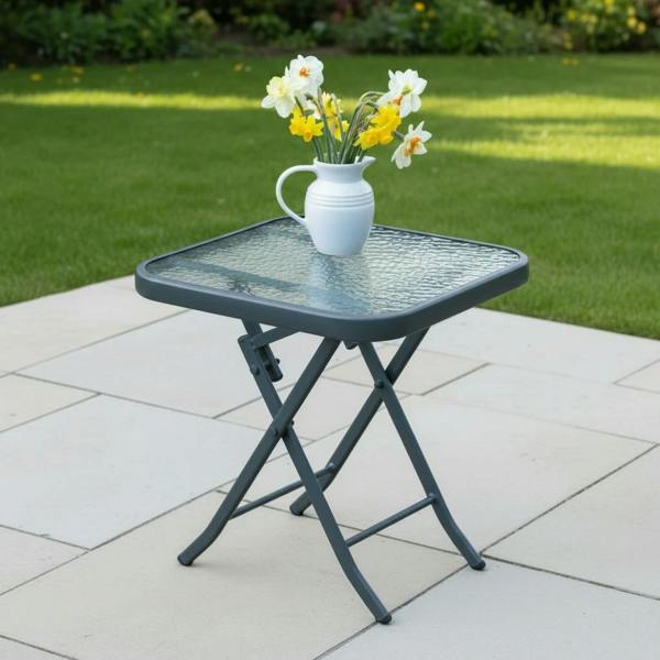 The Garden Marketplace Metal Framed Glass Top Folding Garden Side Table