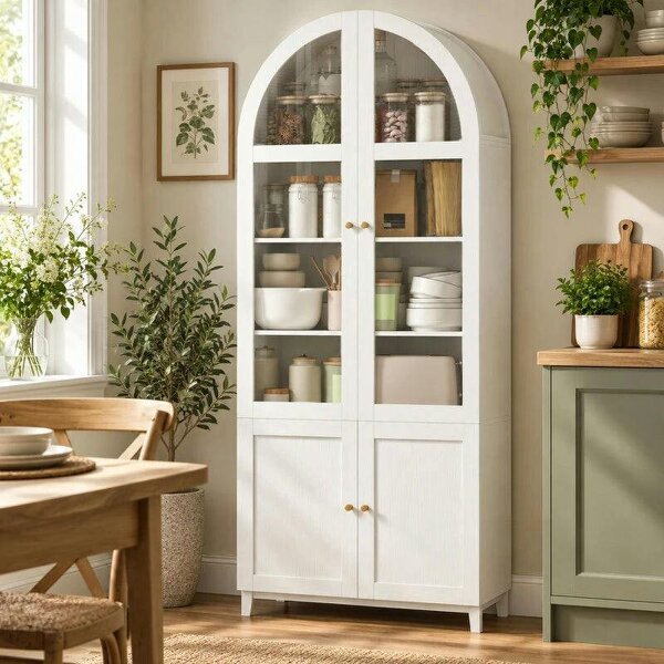 180cm Tall Kitchen Cupboard, Storage Cabinet with Adjustable Shelves, Acrylic Doors for Living Room, Dining Room, White