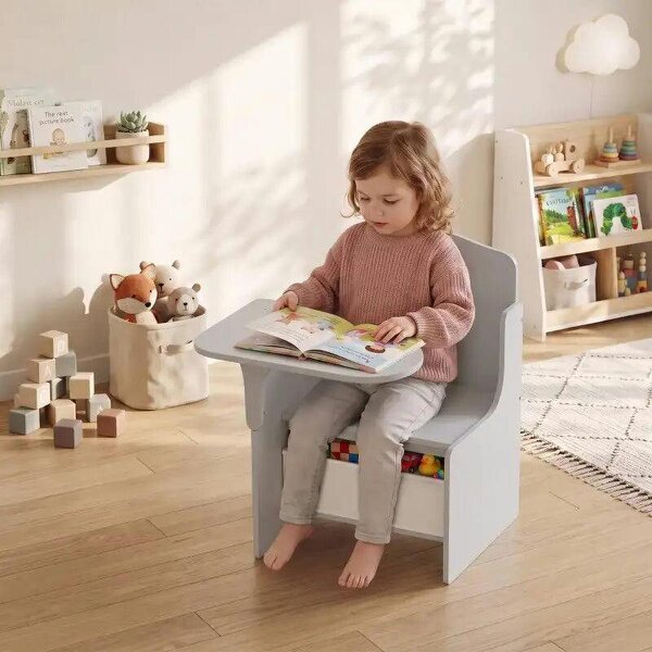 Kids Table and Chair Set, Children Desk and Chair with Storage Bins for Playing, Reading, Painting, for Ages 3-5, Grey - Grey