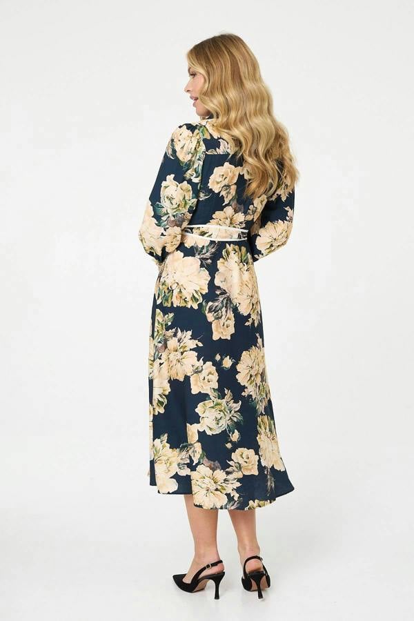 Navy | Floral Print Tie Waist Midi Shirt Dress
