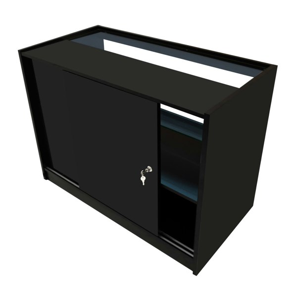 Sleek black LED retail shop counter with sliding door, open shelving, and smooth finish, ideal for modern store displays