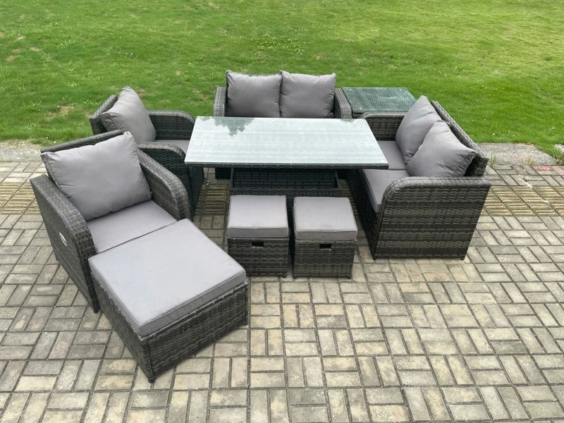 Fimous PE Rattan Garden Furniture Set Height Adjustable Rising lifting Dining Table Chair Love Sofa With Side Table 3 Footstools