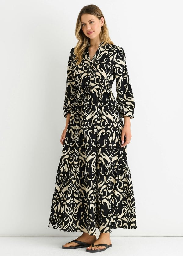 Gini London Black Ikat Print Tie Waist Maxi Dress