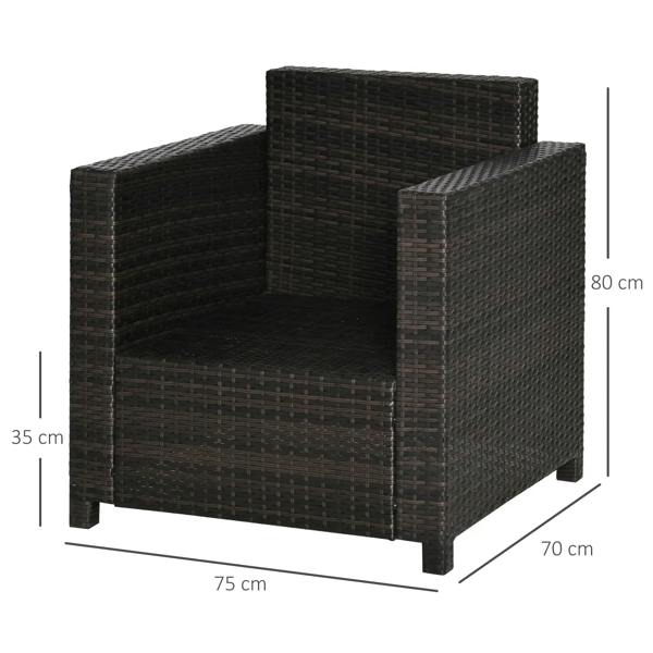 Rattan garden armchair with armrests and thick white cushion, dark brown woven PE frame