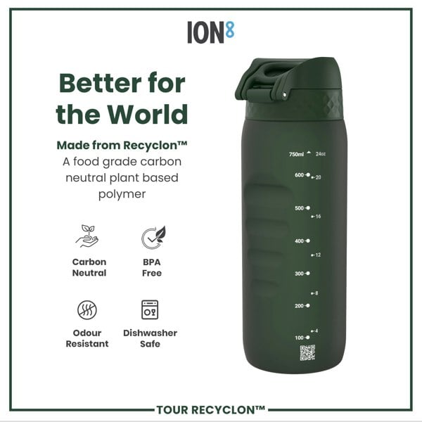 A dark-green water bottle sits against a white background. It displays volume markings and is made from a plant-based polymer. Marketing text emphasizes its carbon-neutral and BPA-free properties.