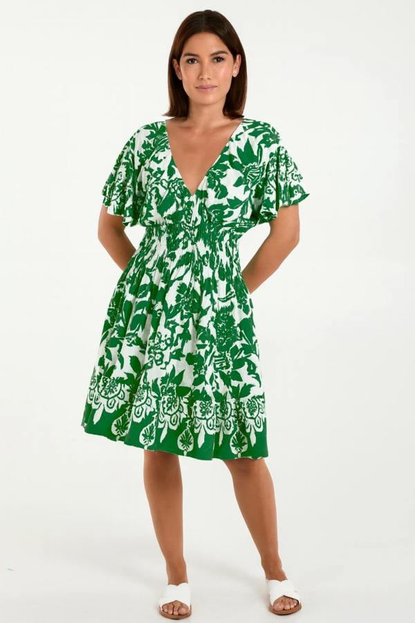 Hoxton Gal Oversized Floral V-Neck Boho Style Smocked Mini Dress