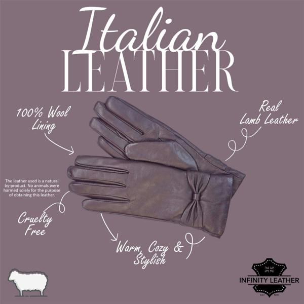 Infinity Leather Womens Italian Leather Winter Bow Design Soft Wool Lining Gloves - L-GLV-401