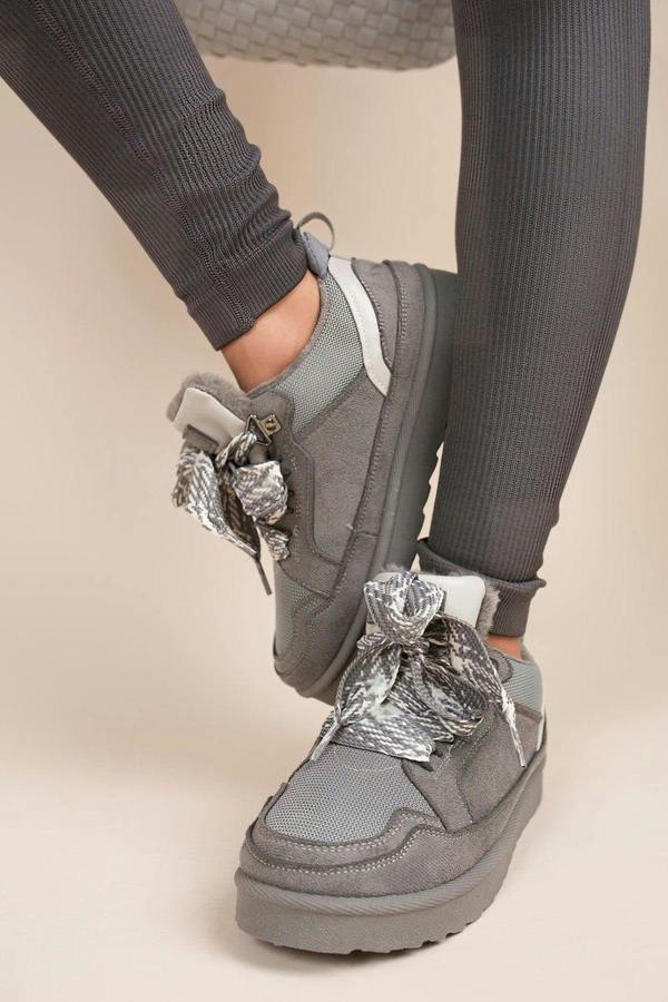 Leiza Chunky Lace Up Faux Fur Trainers - Black