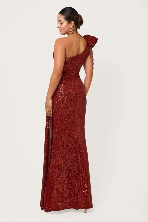 LuvForever Nyla - Wine One Shoulder Sequin Maxi Dress