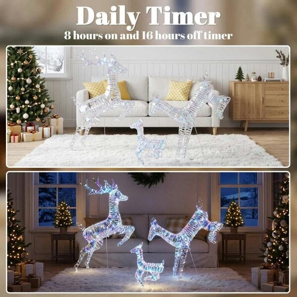 Bobobiy 3-Piece Lighted Reindeer Family Set, Iridescent Outdoor Christmas Decoration, Deer Family with 8 Modes, Daily Timer