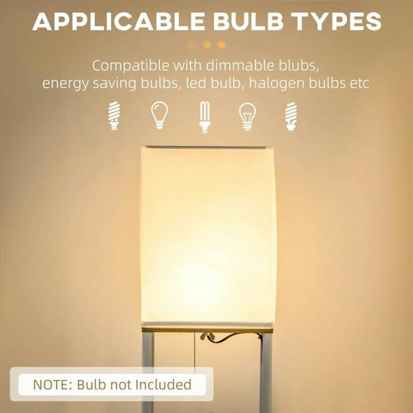 White fabric lampshade floor lamp with three shelves, pull-chain pull cord