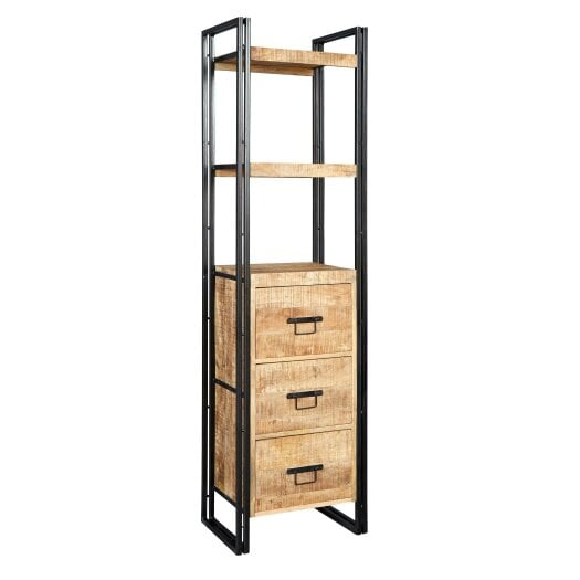 Wyld Haus Toivakka Industrial Reclaimed Wood and Metal Narrow Bookcase 3 Drawers