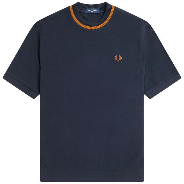 Front shot of Laurel Wreath embroidery on Fred Perry Crew Neck Pique T-Shirt for Men in Navy