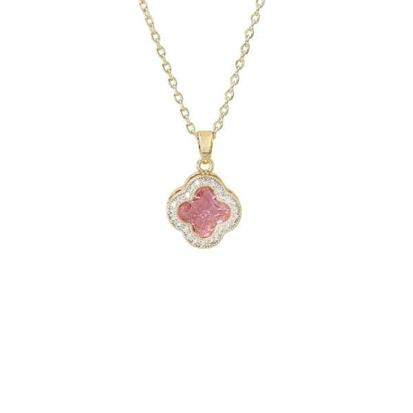 Say It With Clover Halo Necklace Pink Stone - Yellow Gold
