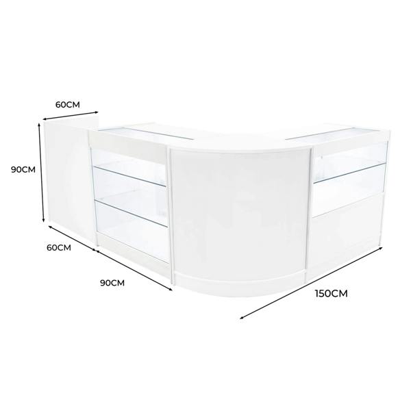 Vega LED Shop Counter Set in white, featuring sleek curved design, glass display shelves, and dimensions of 150cm x 90cm x 90cm