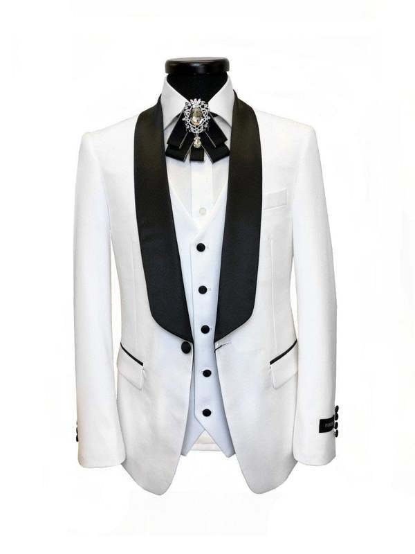 White 3-Piece Tuxedo with Black Shawl Lapel