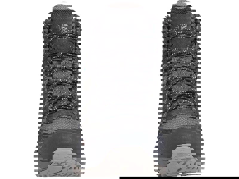 Karrimor Bodmin MID 6 Mens Walking Hiking Lace Up Trekking Boots, front view showing dark gray and black high-top hiking boots with laces, durable rubber sole, and ankle support.